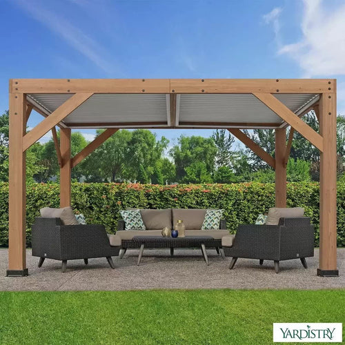 Yardistry 11ft x 13ft (3.4 x 4m) Wooden Louvered Pergola with Aluminium Roof 100% FSC certified premium wood