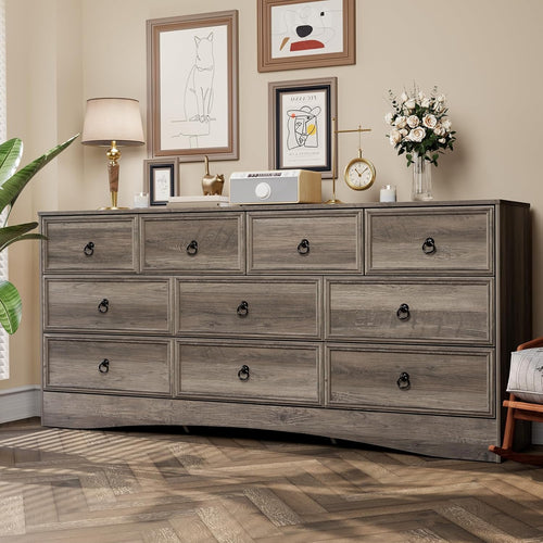 VVFLU Farmhouse 10 Drawer Dresser for Bedroom – 63'' Long Dresser Wood Chest of Drawers,TV Stand for 75 inch TV, Storage Organizer Furniture, Hallway, Entryway, Closet, Brownish Grey