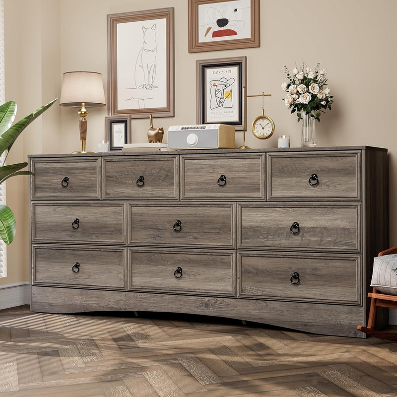 VVFLU Farmhouse 10 Drawer Dresser for Bedroom – 63'' Long Dresser Wood Chest of Drawers,TV Stand for 75 inch TV, Storage Organizer Furniture, Hallway, Entryway, Closet, Brownish Grey