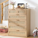 LEYAOYAO Rattan Dresser for Bedroom, 41" Tall Chest of Drawers, Modern 6 Drawers Boho Dressers with Storage, Light Oak Dresser Wooden Closet Organizer for Living Room, Hallway, Natural Wood