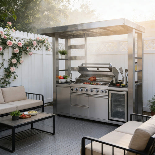 Castelle Flame Astoria 94-Inch 6-Burner 85K BTU Outdoor Kitchen Grill Island with Wine Cooler, Rotisserie, Cabinets, and Granite Countertops
