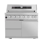 Castelle Flame Astoria 94-Inch 6-Burner 85K BTU Outdoor Kitchen Grill Island with Wine Cooler, Rotisserie, Cabinets, and Granite Countertops