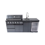 Castelle Flame 85K BTU Outdoor BBQ Kitchen Grill Island with 43-Inch 6-Burner Grill, Wine Fridge, Rotisserie Kit, and Sink
