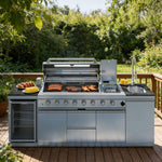 Castelle Flame Capri 96-Inch 6-Burner 85000 BTU Outdoor Kitchen Liquid Propane Grill Island with Fridge