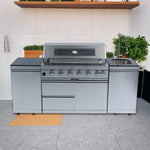 Castelle Flame Granite Outdoor BBQ Kitchen Island with 43-Inch 6-Burner Gas Grill, Rotisserie Kit, Cabinets, and Sink