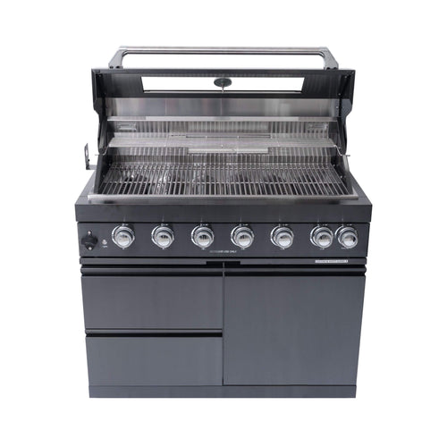 Castelle Flame Premium Black Stainless Steel 6-Burner Gas Grill Kitchen Island with Rotisserie Kit