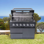 Castelle Flame Premium Black Stainless Steel 6-Burner Gas Grill Kitchen Island with Rotisserie Kit
