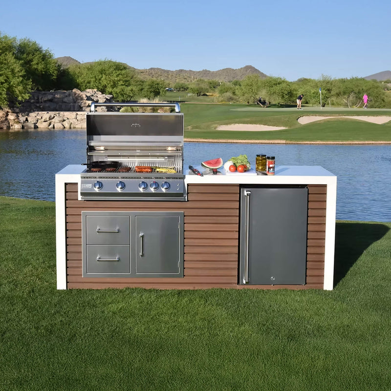 KoKoMo Grills Professional Shiplap Outdoor Kitchen Island with Waterfall Edge, Built-In Grill, and Refrigerator