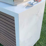KoKoMo Grills Professional Shiplap Outdoor Kitchen Island with Waterfall Edge, Built-In Grill, and Refrigerator