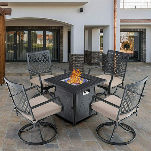 Sophia & William Outdoor Gas Fire Pit Table Set W/ Cushioned Swivel Dining Chairs 5PCS